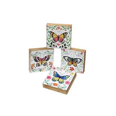IH Casa Decor Square Wood Blocks Butterfly Asstd - Set of 4