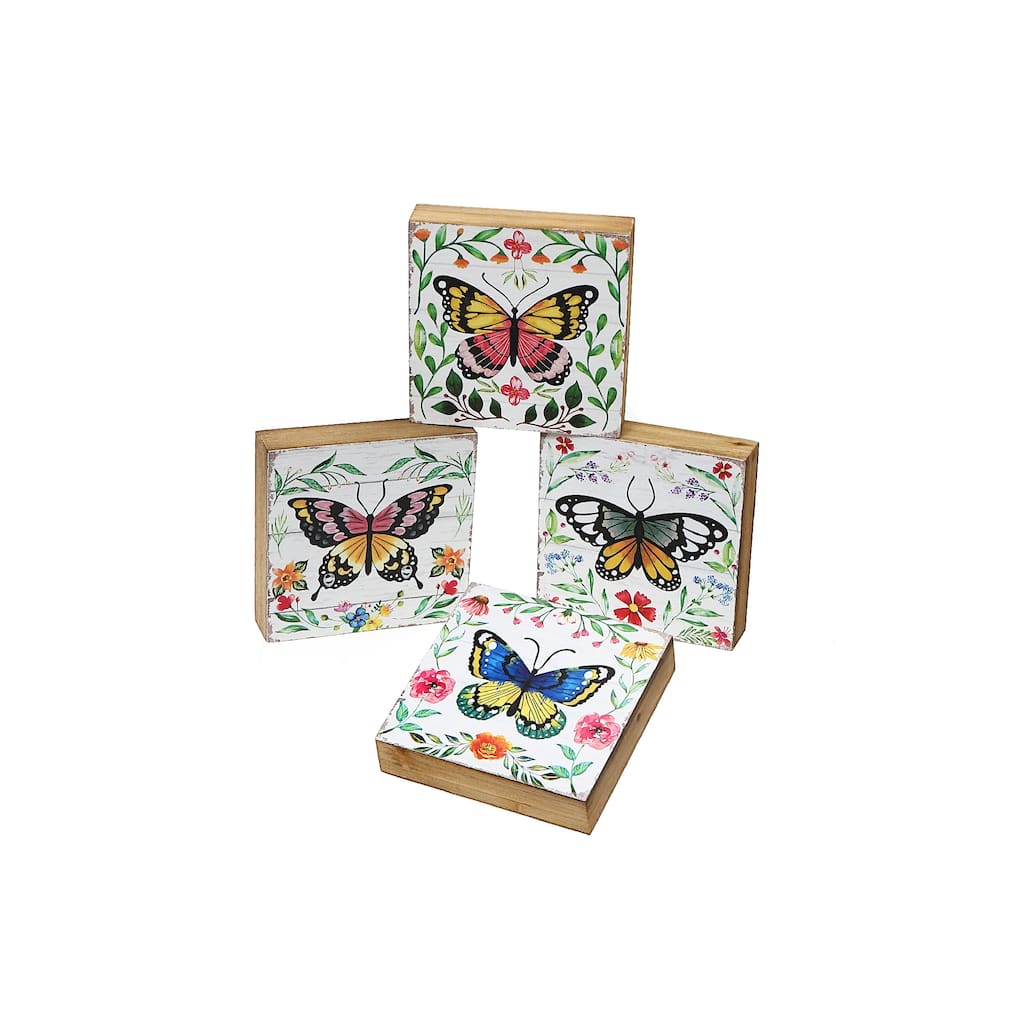 IH Casa Decor Square Wood Blocks Butterfly Asstd - Set of 4