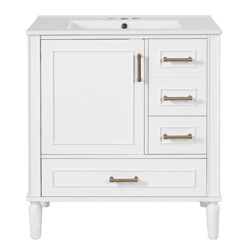 Solid Wood Bathroom Vanity with Ceramic Sink, Bathroom Storage Cabinet with 3 Drawers, Soft Close Doors & Built-in Shelf