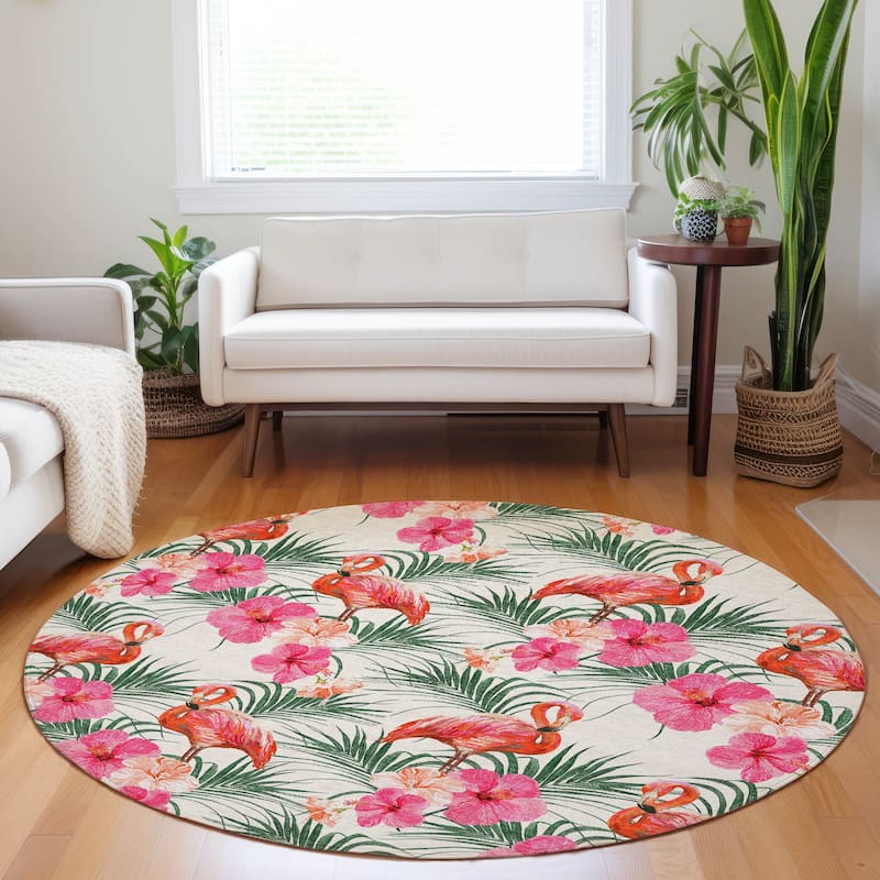 Premium Washable Super Soft Tropical Flamingo Mayfield Rug - Pink - 8' x 8' - Round