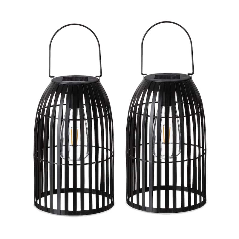 Glitzhome Set of 2 Metal Solar Powered Outdoor Hanging Lantern - Black