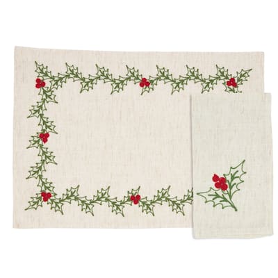 Holly Design Embroidered Placemats & Napkins 8 pcs Set (4 Placemats, 4 Napkins)