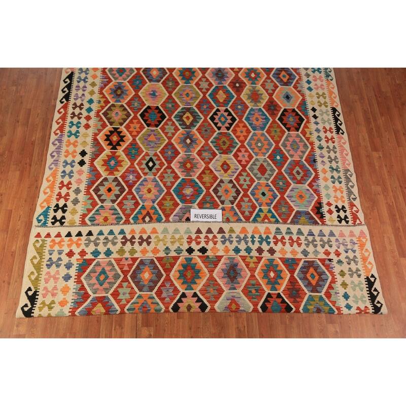 All-Over Geometric Kilim Oriental Area Rug Hand-Woven Wool Carpet - 8'8"x 11'3"