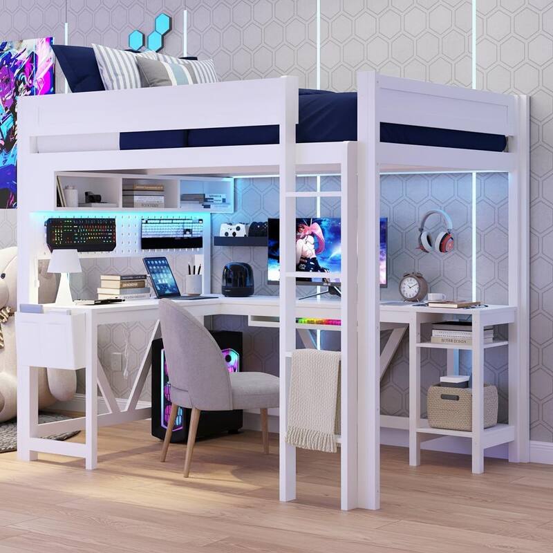 Full Size Gaming Loft Bed with LED Lighting, Built-in Desk, Storage & Charging Ports by Harper&Bright Designs - White