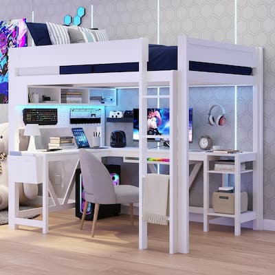 Full Size Gaming Loft Bed with LED Lighting, Built-in Desk, Storage & Charging Ports by Harper&Bright Designs