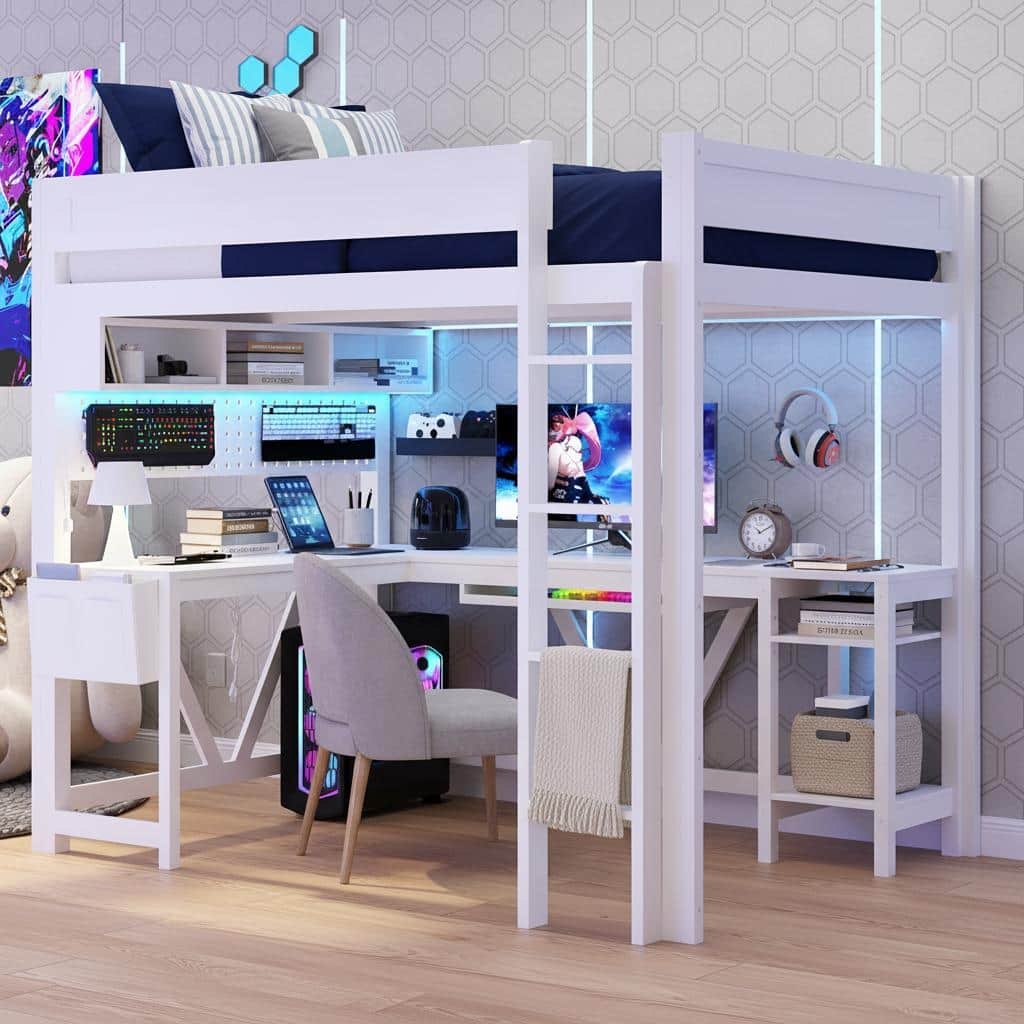 Full Size Gaming Loft Bed with LED Lighting, Built-in Desk, Storage & Charging Ports by Harper&Bright Designs