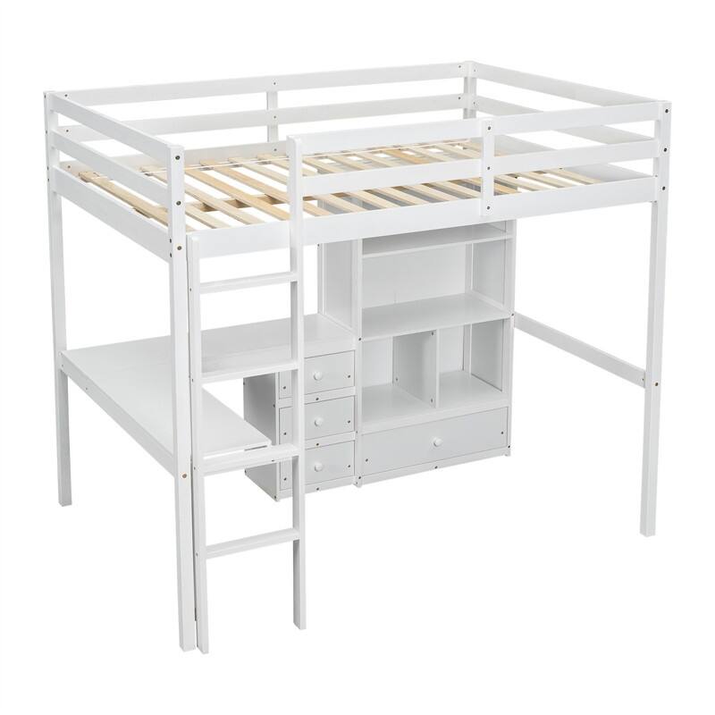 Full Size Loft Bed with Bulit-in L-Shaped Desk and Ladder, Wooden High Loft Bedframe with Storage Drawers and Shelves