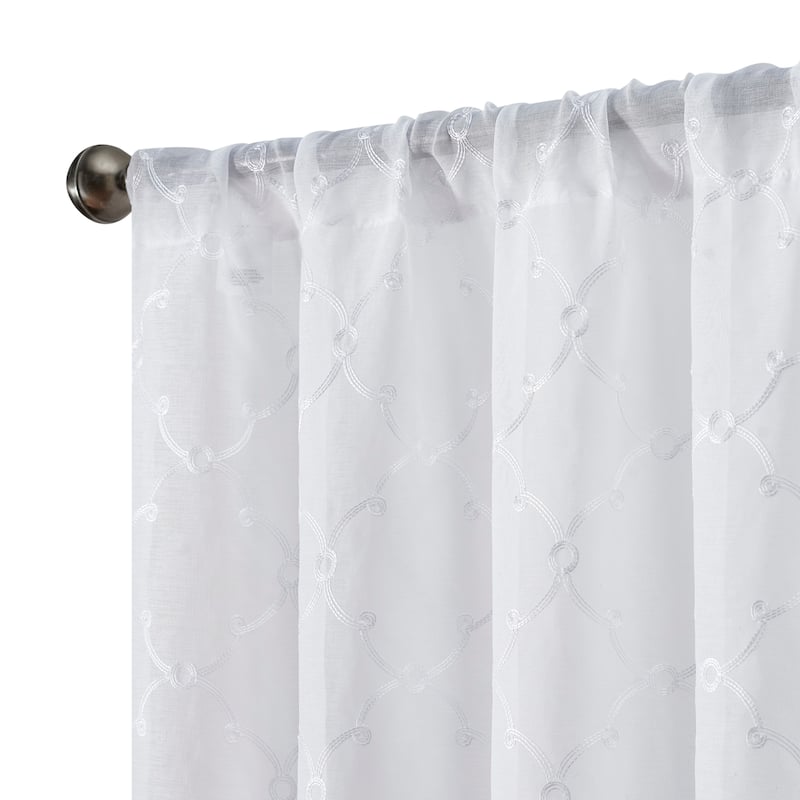 Creative Home Ideas Selena Embroidered Sheer Rod Pocket Window Curtain Panel Pair with Tiebacks