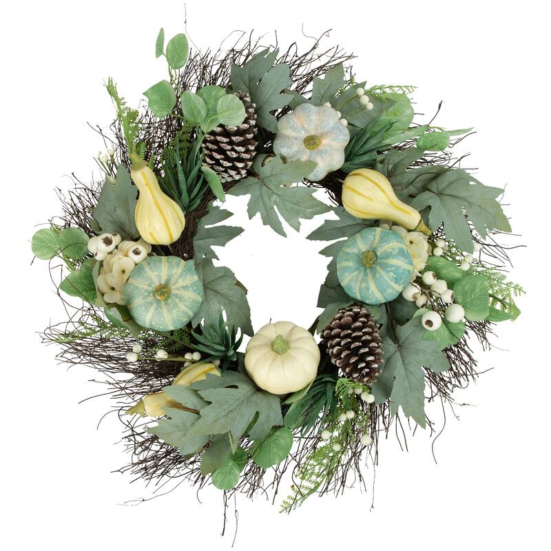 Green White Pumpkins Berries Artificial Fall Harvest Wreath 22" Unlit
