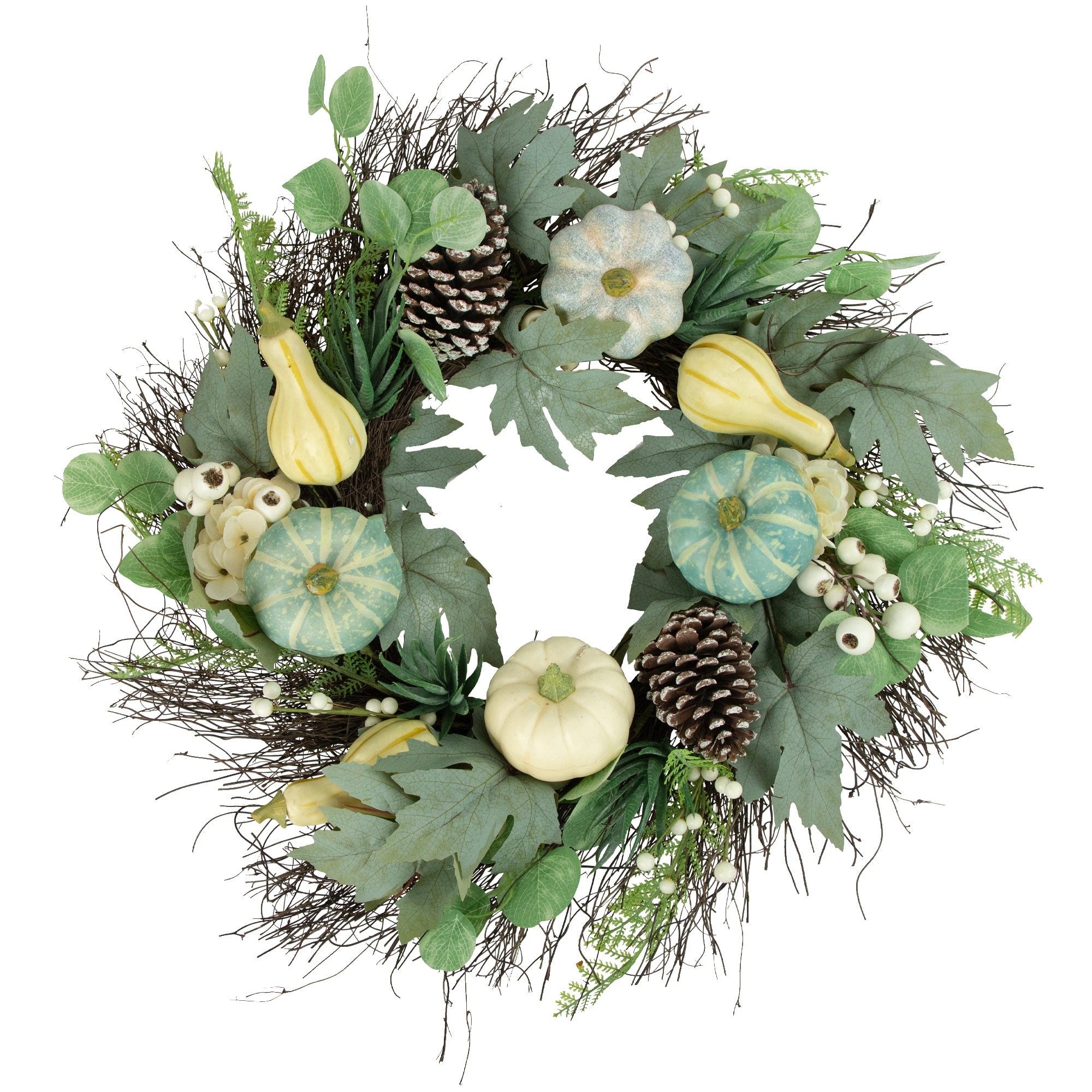 Pumpkins with Berries Artificial Fall Harvest Wreath - 22" - Green and White