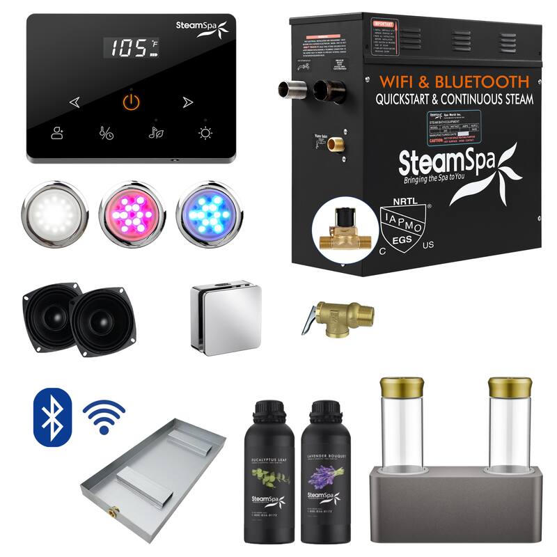 Black Series 9KW Steam Bath Generator with Wireless Remote, Bluetooth, WIFI, and Dual Aroma Pump - 9 KW - Chrome