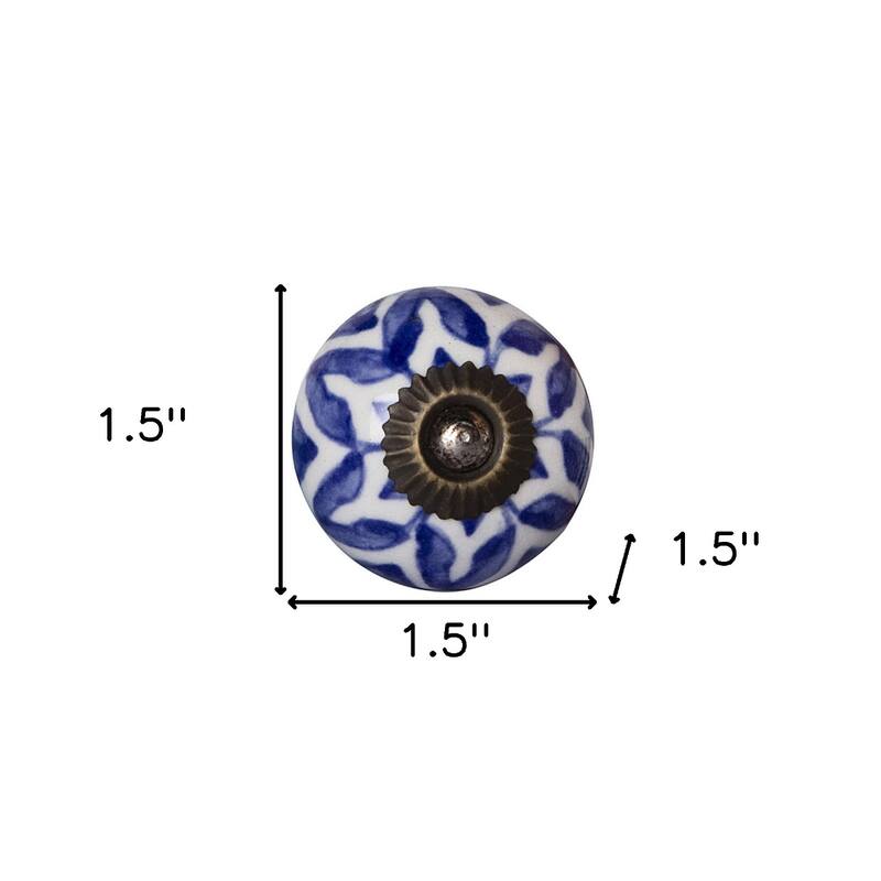 Set of 8 Blue White Round Ceramic Drawer Pull Knobs with Backplate for Traditional Botanical Furniture - 1.5” x 1.5” x 1.5”