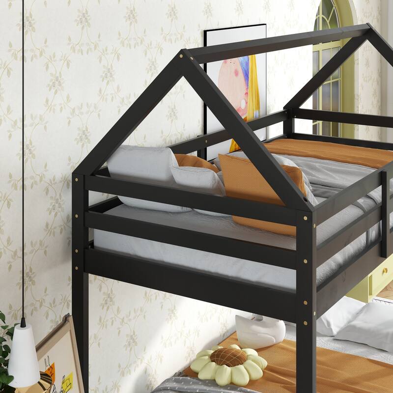 House-Shaped Twin Over Twin Rubber Wood Bunk Bed with Ladder and Guardrails, Black