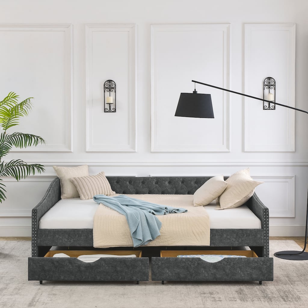 Mid-century Queen Size Tufted Button Sofa Bed with Drawers Daybed, Waved Shape Arms Upholstered Sofa with Nailhead Trimming