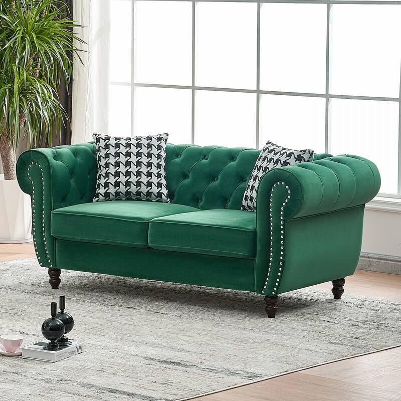 Velvet Upholstery Fabric 2-Seater Sofa with Rolled Armrests and Rivet Embellishments, for Living Rooms, Green