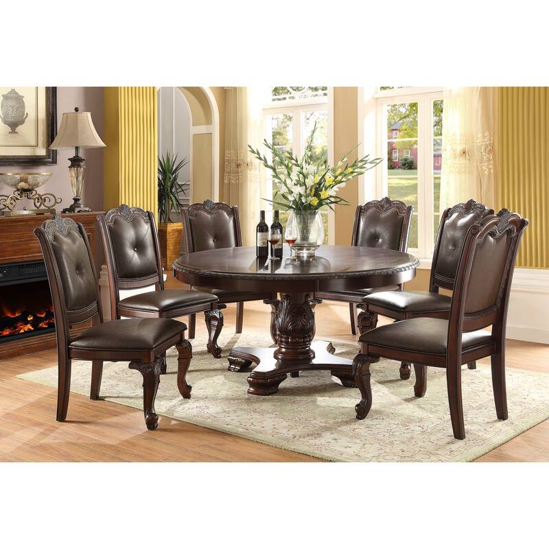 Hand Carved Dining Side Chair with Faux Leather Padded Seat and Button Tufting