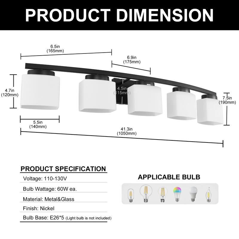YANSUN 41.3 in. 5-Light Matte Black Industrial Vintage Vanity Light Fixtures for Bathroom with White Glass Shades - 41.3*7.5*6.5