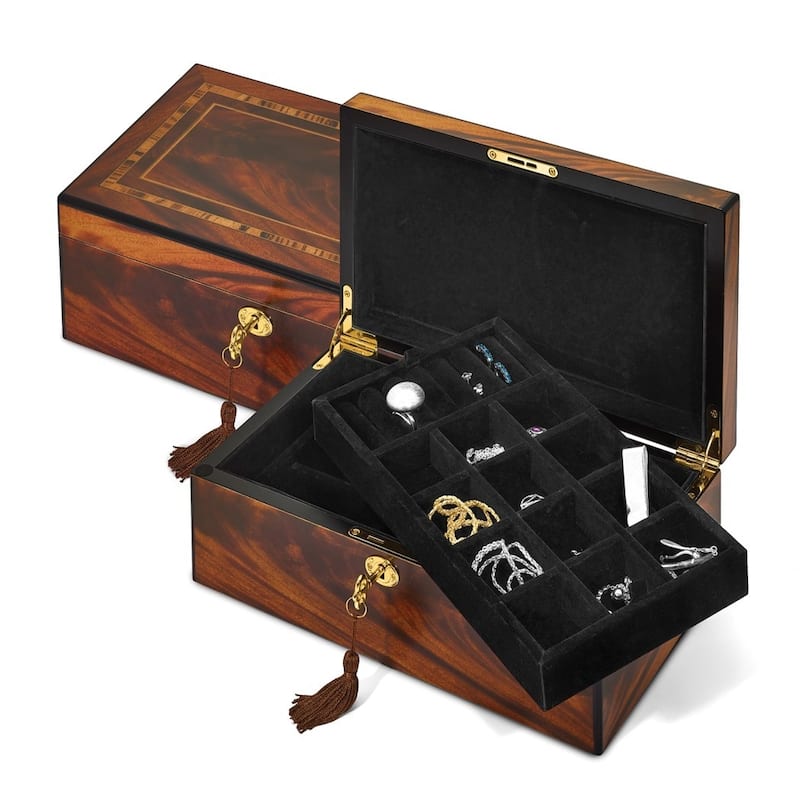 Curata Luxury Giftware Matte Finish Tiger Wood Veneer with Inlay Design Locking Wooden Jewelry Box