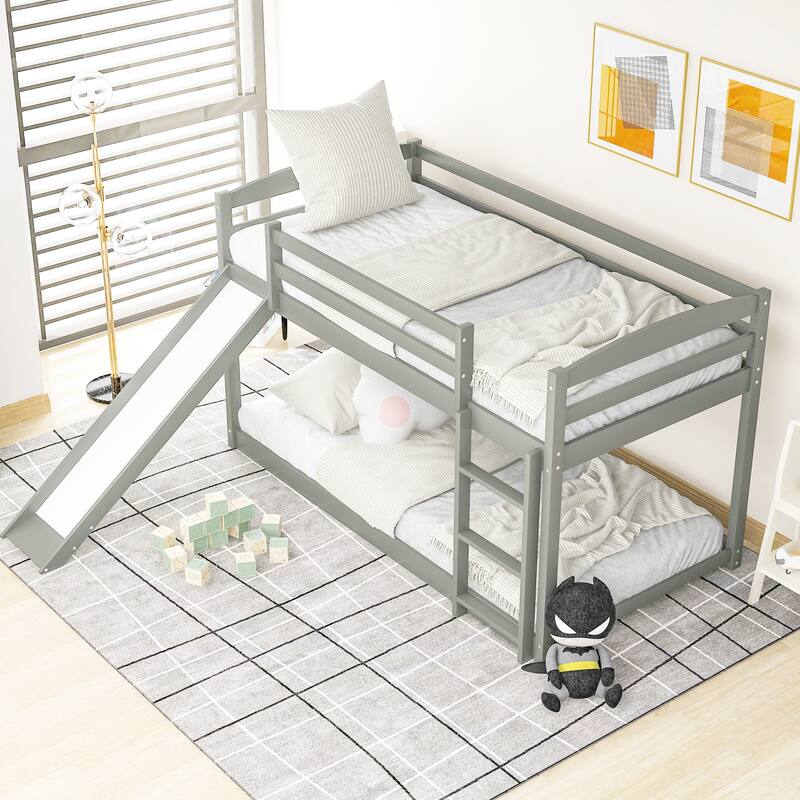 Twin over Twin Bunk Bed with Convertible Slide and Ladder, Space-Saving Design - Grey - Twin