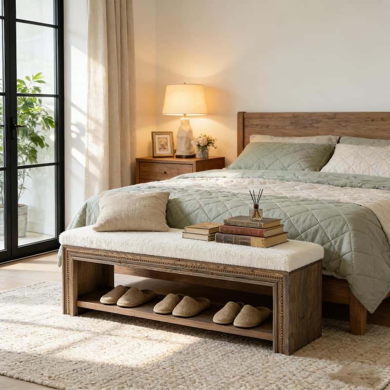 55.12" Wooden Upholstered Bed Bench with Storage, Rustic Wood End Of Bed Bench with Teddy Fleece Cushion for Bedroom