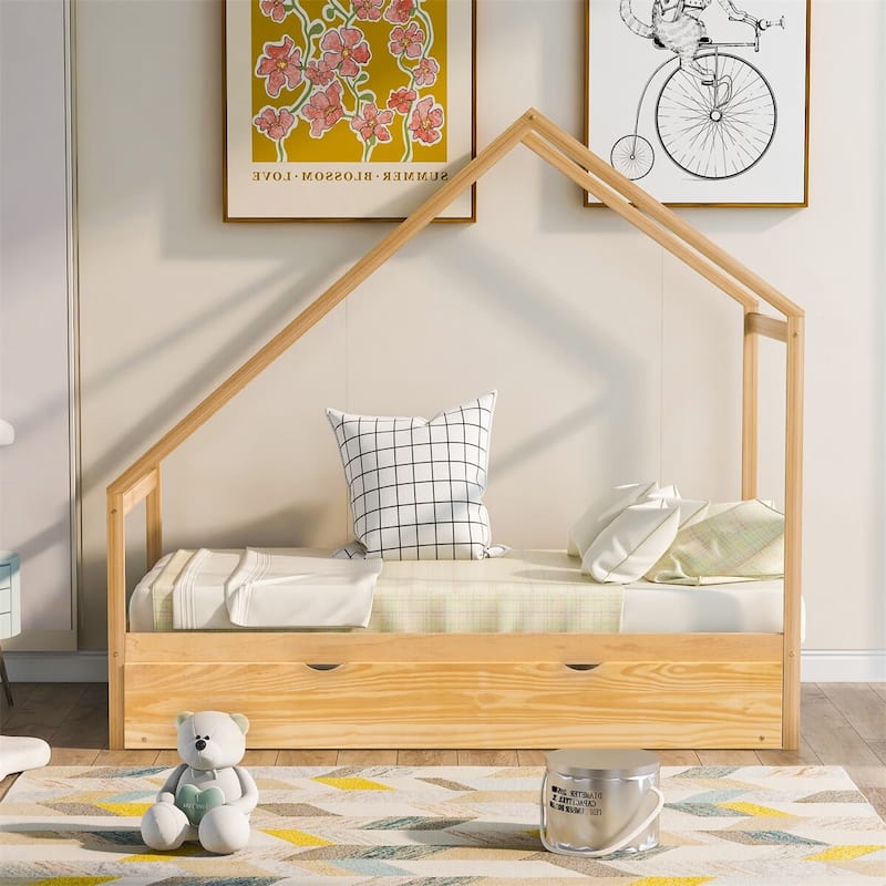 Merax Wooden House Bed With Twin Size Trundle