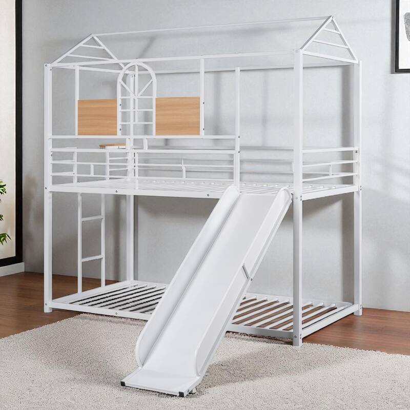 Twin Over Twin Metal Bunk Bed with Playhouse Design and Slide - Three Colors Available