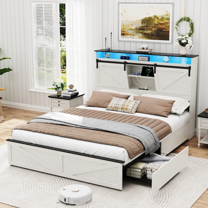 Farmhouse Storage Bed Frame with Storage Headboard, Charging Station and LED Lights, Optional Platform Bed with Drawers