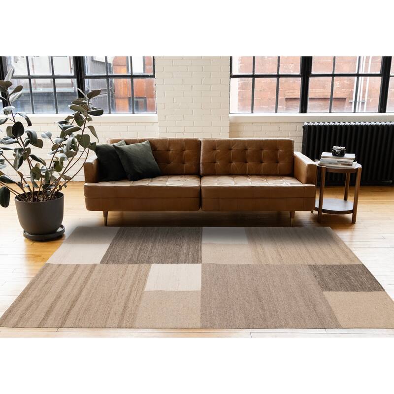 Taupe Beige White Stacked Squares Handmade Wool Rug