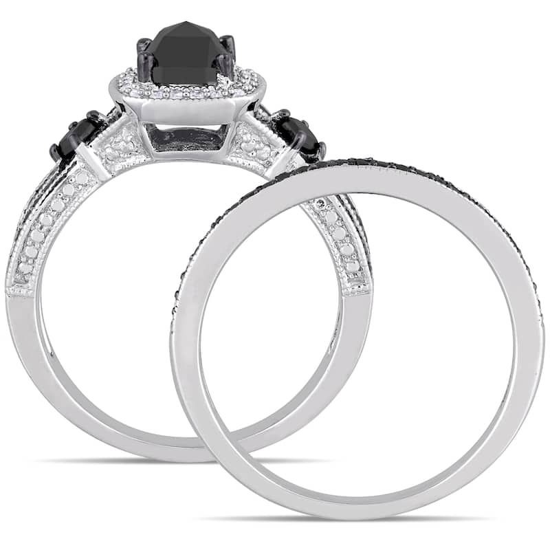 Miadora Signature Collection Sterling Silver with Black Rhodium 1 1/2ct TDW Black and White Diamond Split Shank Bridal Ring Set