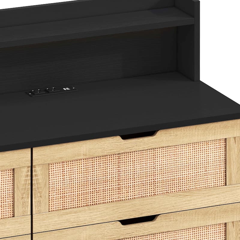 43.31"6-Drawers Rattan Storage Cabinet Rattan Drawer with LED Lights and Power Outlet