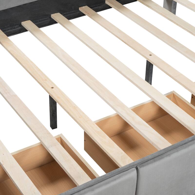 Adorable Velvet Platform Bed for Kids, Bunny Design with Drawers and Bed-End Storage Pockets, Twin/Full