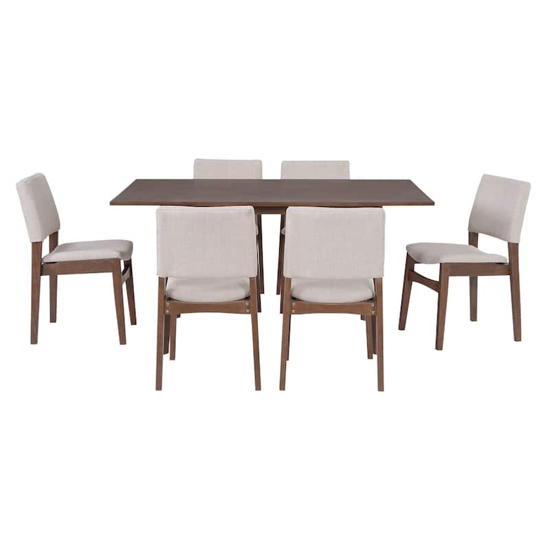 7 Piece Dining Table Set with Rectangular Wood Table and Upholstered Linen Chairs