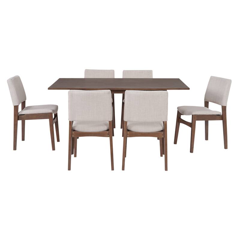 7-Piece Farmhouse Solid Wood Dining Table Set with 6 Upholstered Chairs, 60" Space Saving Dinner Table & Chairs Set
