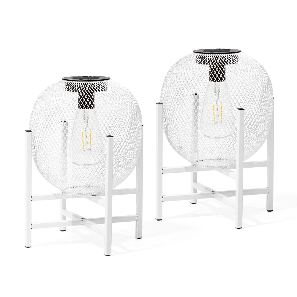 Glitzhome White Metal Outdoor Solar Lantern with Stand (Set of 2)
