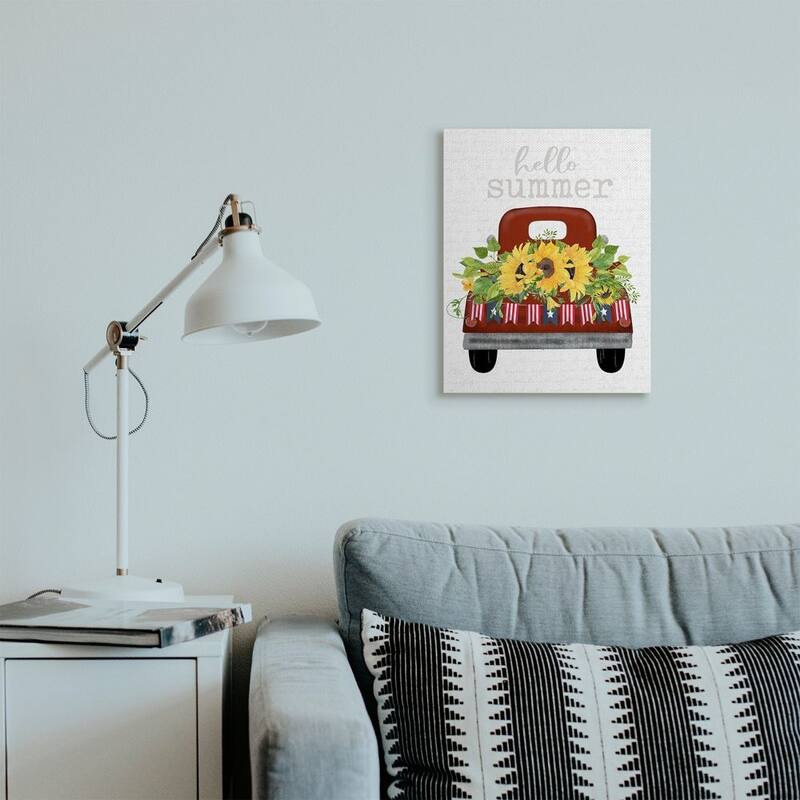 Stupell Hello Summer Quote Sunflower Flower Patriotic Truck Canvas Wall Art