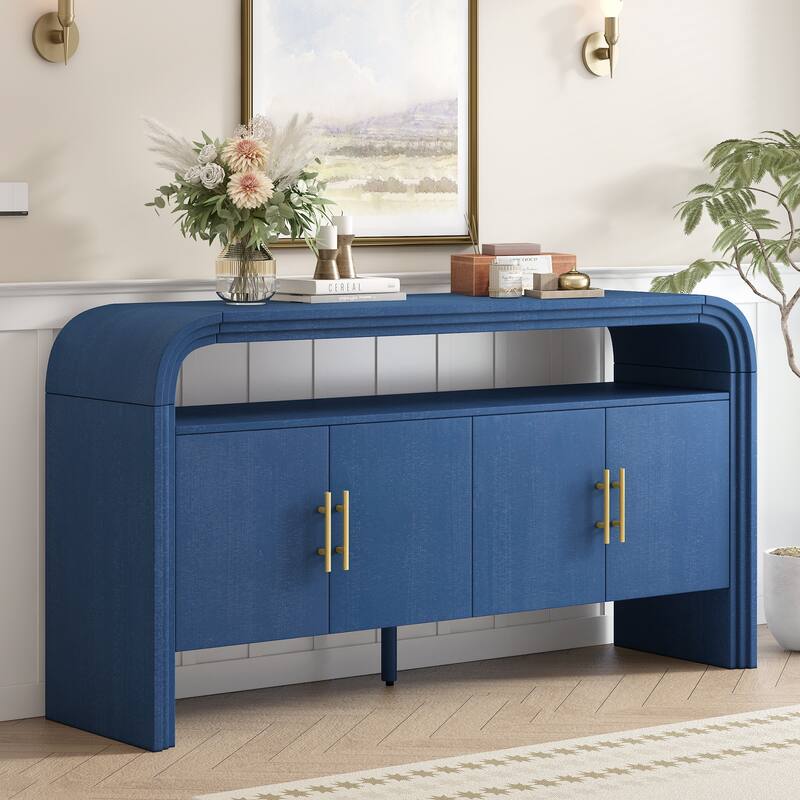 4 Door Arched Sideboard Console Table with Fir Wood Legs, Wooden Display Case Storage Cabinet with Metal Door Handle - Navy Blue
