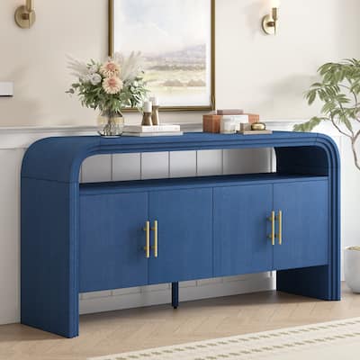Curved Sideboard with 4 Doors, Wood Accent Entryway Console Table, Freestanding Buffet Cabinet with Open Shelves