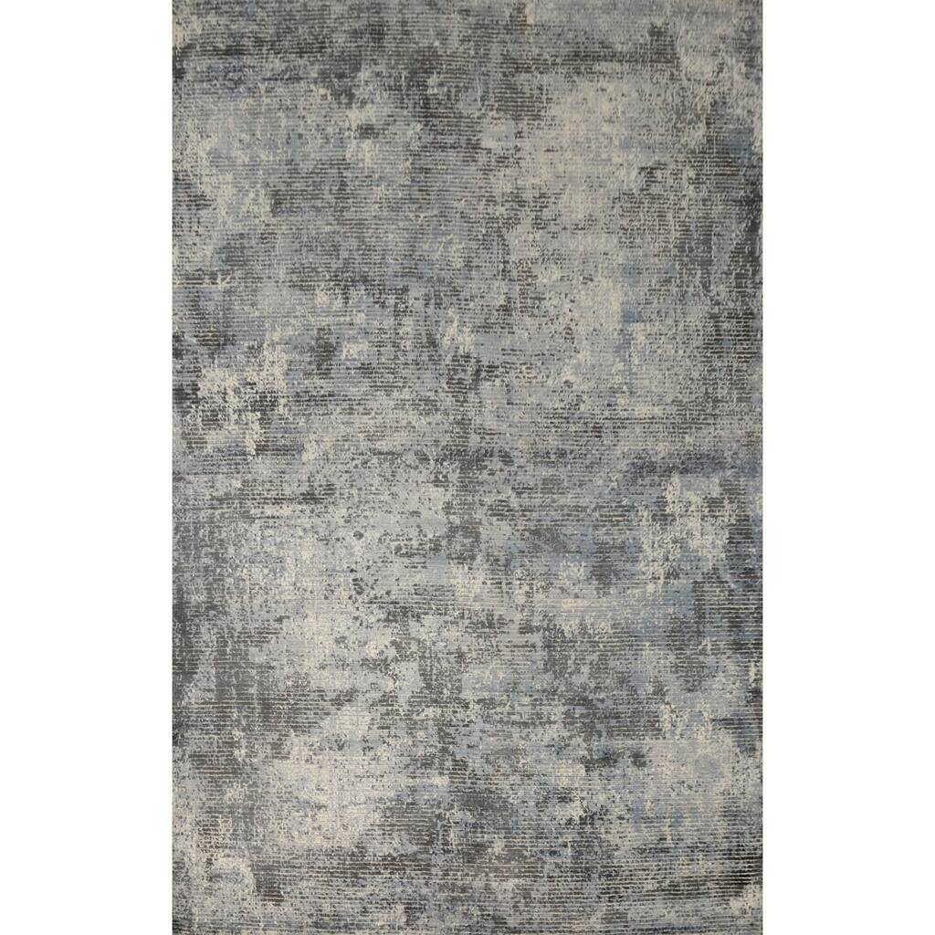 Hand Knotted Oriental Viscose Silk Carpet Modern All-Over Greys & Charcoal Abstract Area Rug - 7' 8'' X 5' 6''