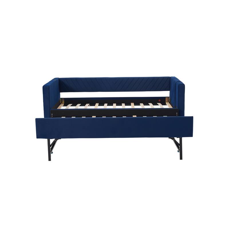 Twin Size Velvet Daybed with Trundle, USB Charging Port & Side Pockets, Modern Upholstered Sofa Bed with V-Pattern Backrest