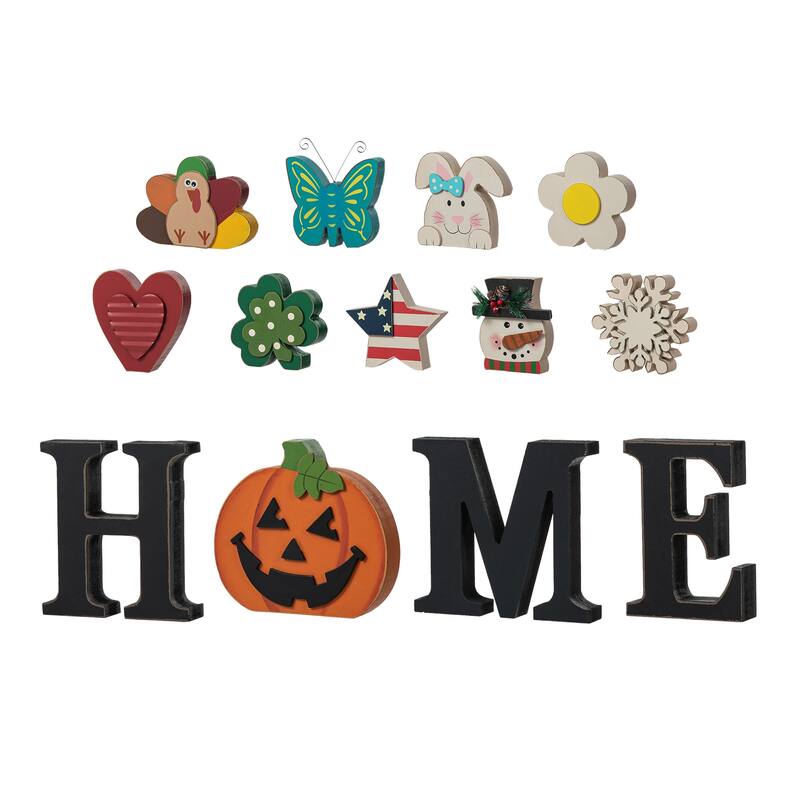 Glitzhome 13 Pieces Patriotic/Fall/Halloween/Thanksgiving Tabletop With 10 Interchangeable Icons - 5"H