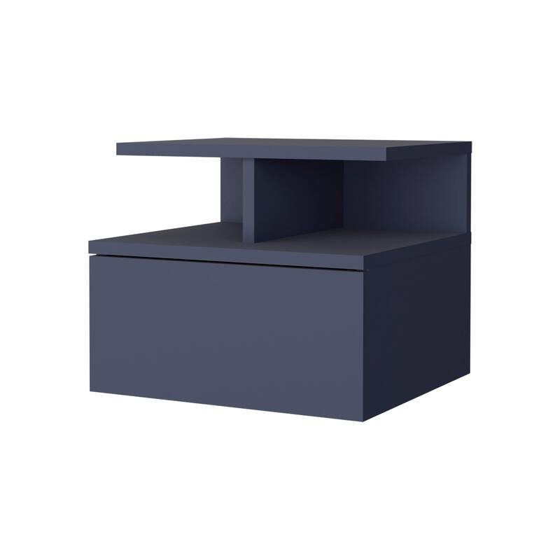 Blue Floating Nightstand with Drawer and Open Shelf