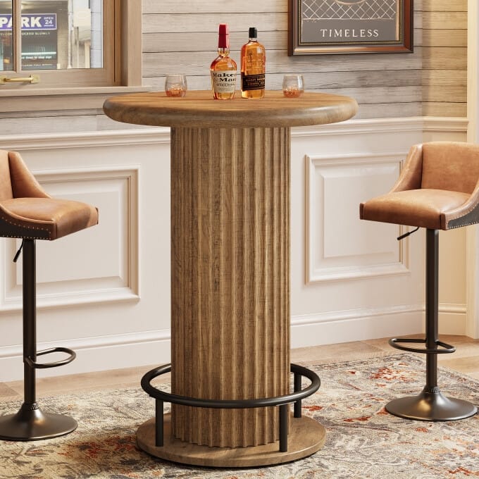 Wooden Round Counter Height Bar Table, Fluted Bistro High Pub Table - Brown
