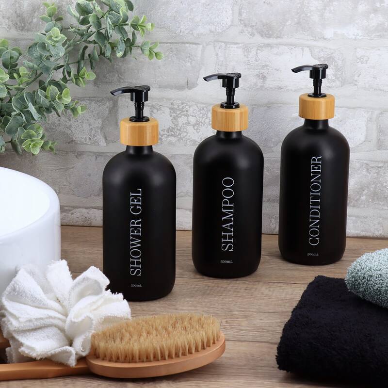 Set of 3 Refillable Shower Dispensers 17 fl oz (500ml) - 3 L x 3 W x 8.5 H - Black