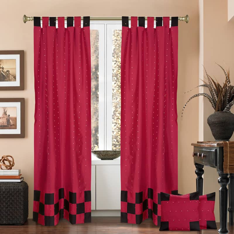 4 Pc Set Indian Sari Curtains & Cushion Covers Boho Tab Top Living Room Bedroom