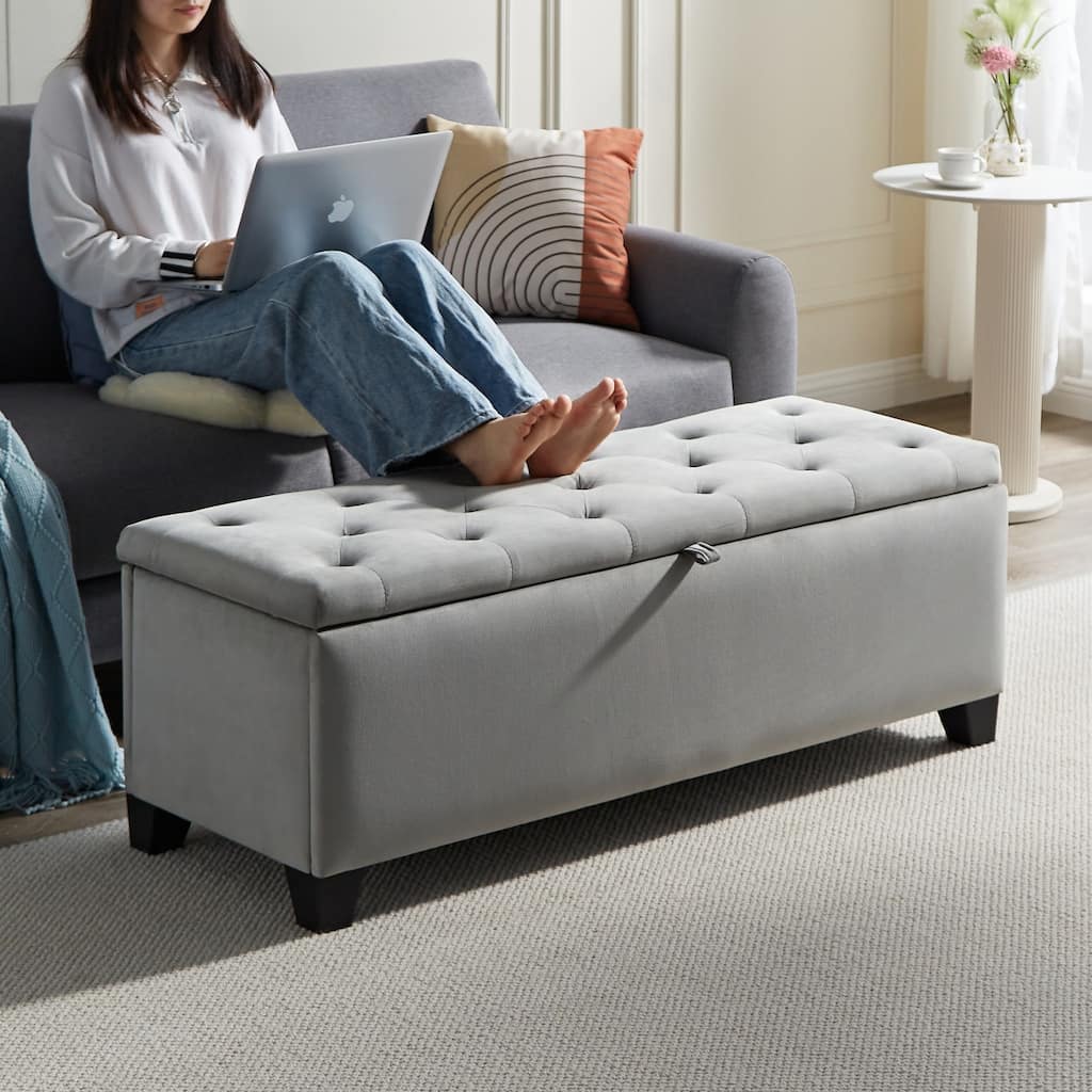 Grey Velvet Storage Ottoman Bench - High-Density Sponge, Sturdy Legs, Large Storage