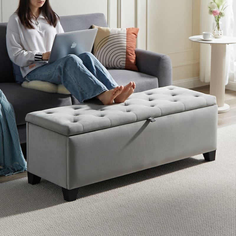 Large Velvet Ottoman Bench - Soft Upholstery, Easy Assembly, Modern Design - Grey