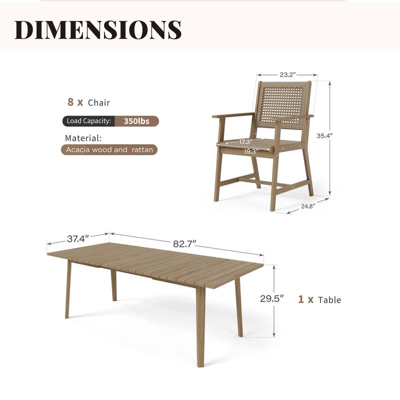 MAISON ARTS 7/9-Piece Acacia Wood Outdoor Dining Set, Teak Wooden Table & Dining Chairs with Wicker Seat and Back