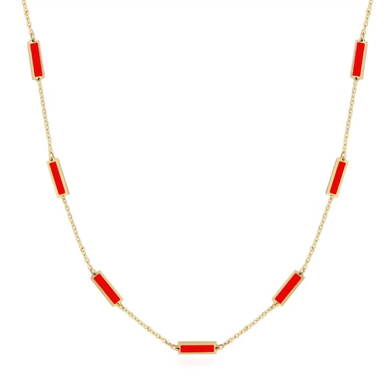 Curata 14k Yellow Gold Italian 18" Inlaid Genuine Gemstone 10X2mm Bar Station Necklace - Red Coral