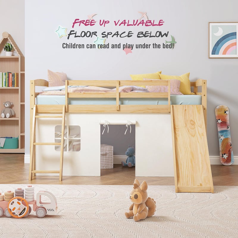 COSTARS Kids Loft Bed with Slide and Ladder, Solid Wood Twin Loft Bed with Tent and Guardrails