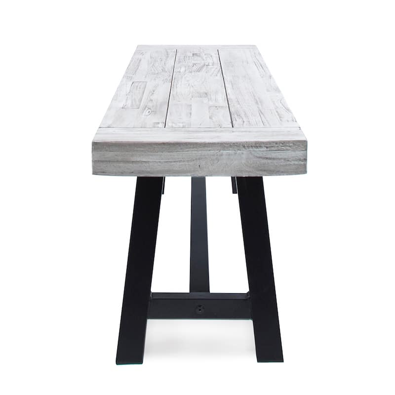 Light Grey Sandblast Finish Acacia Wood Dining Bench with Black Rustic Metal Finish Frame
